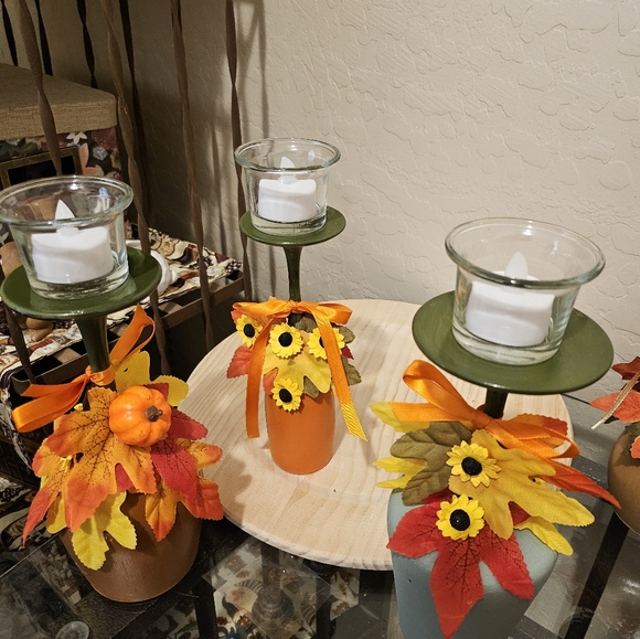 Hand crafted fall candle holder with candles and votive cups - Picture 2 of 6